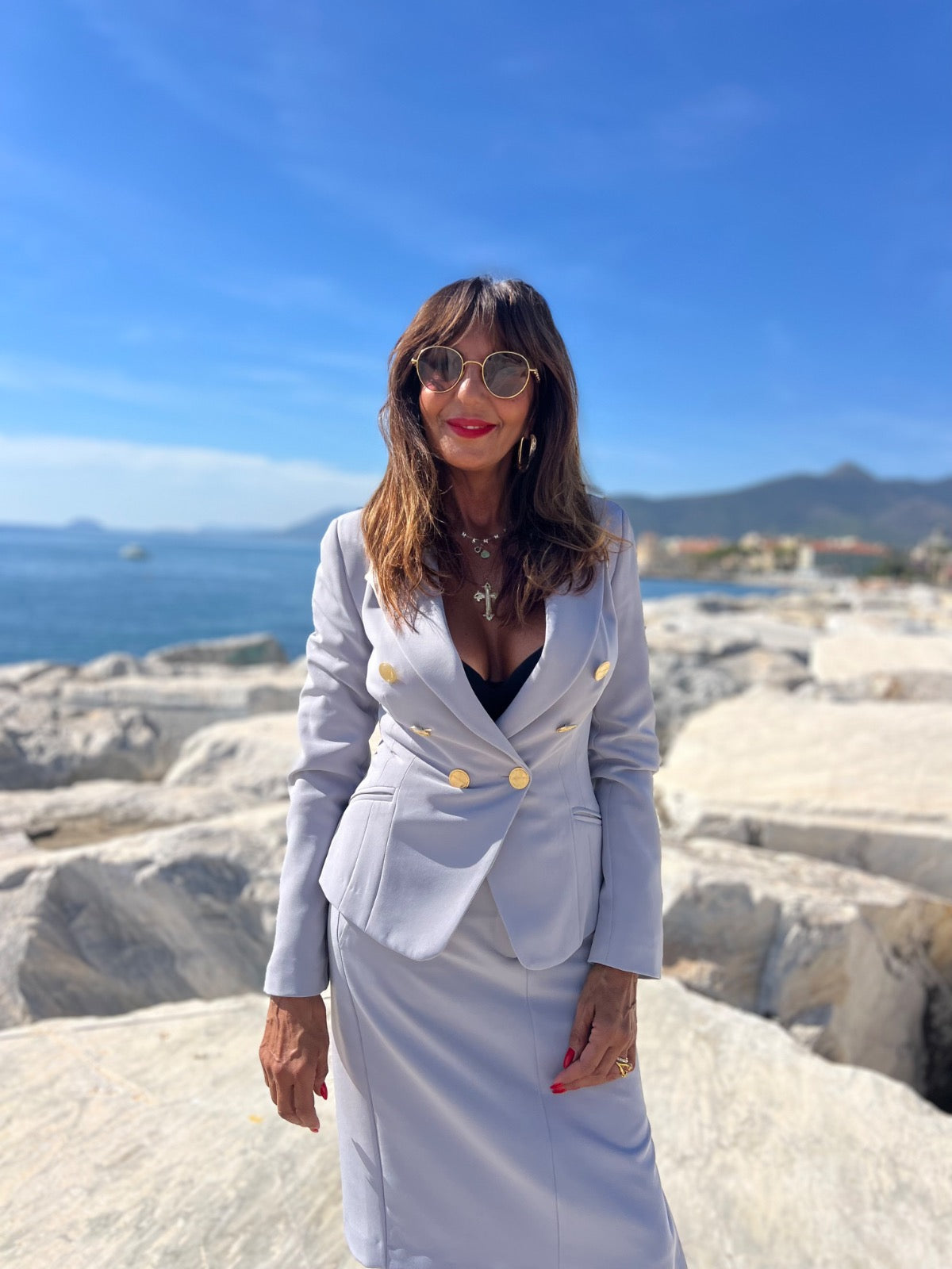 BLAZER DOPPIO PETTO CON BOTTONI DORATI - GRIGIO