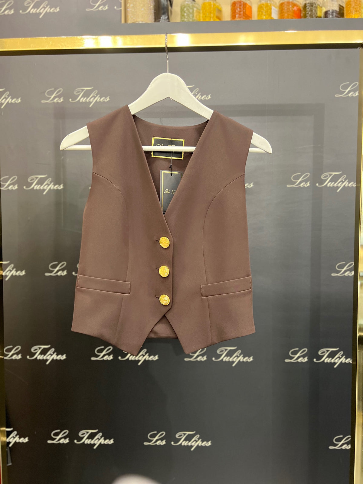 GILET BOTTONI ORO LOGATI - MARRONE