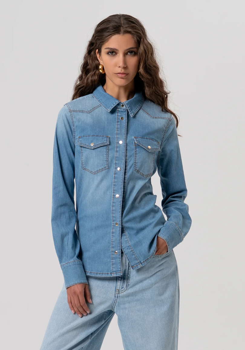 Fracomina - Camicia Regular In Denim Con Lavaggio Bleached